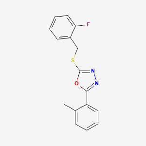 molecular formula C16H13FN2OS B11596610 2-[(2-Fluorobenzyl)thio]-5-(2-methylphenyl)-1,3,4-oxadiazole 