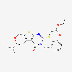molecular formula C23H26N2O4S2 B11597143 ethyl 2-[(4-benzyl-3-oxo-12-propan-2-yl-11-oxa-8-thia-4,6-diazatricyclo[7.4.0.02,7]trideca-1(9),2(7),5-trien-5-yl)sulfanyl]acetate 