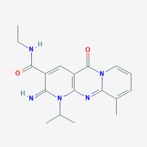 molecular formula C18H21N5O2 B11597379 N-ethyl-6-imino-11-methyl-2-oxo-7-(propan-2-yl)-1,7,9-triazatricyclo[8.4.0.0^{3,8}]tetradeca-3(8),4,9,11,13-pentaene-5-carboxamide 