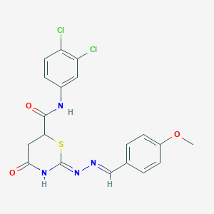molecular formula C19H16Cl2N4O3S B11597385 N-(3,4-Dichlorophenyl)-2-[(2E)-2-[(4-methoxyphenyl)methylidene]hydrazin-1-YL]-4-oxo-5,6-dihydro-4H-1,3-thiazine-6-carboxamide 