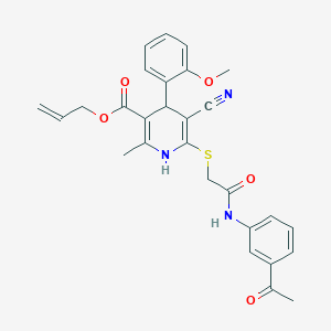molecular formula C28H27N3O5S B11598791 Prop-2-en-1-yl 6-({2-[(3-acetylphenyl)amino]-2-oxoethyl}sulfanyl)-5-cyano-4-(2-methoxyphenyl)-2-methyl-1,4-dihydropyridine-3-carboxylate 