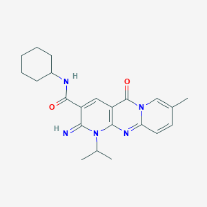 molecular formula C22H27N5O2 B11599036 N-cyclohexyl-6-imino-13-methyl-2-oxo-7-propan-2-yl-1,7,9-triazatricyclo[8.4.0.03,8]tetradeca-3(8),4,9,11,13-pentaene-5-carboxamide 