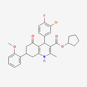molecular formula C29H29BrFNO4 B11599247 Cyclopentyl 4-(3-bromo-4-fluorophenyl)-7-(2-methoxyphenyl)-2-methyl-5-oxo-1,4,5,6,7,8-hexahydroquinoline-3-carboxylate 