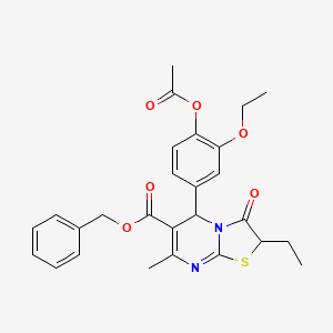 molecular formula C27H28N2O6S B11599354 benzyl 5-[4-(acetyloxy)-3-ethoxyphenyl]-2-ethyl-7-methyl-3-oxo-2,3-dihydro-5H-[1,3]thiazolo[3,2-a]pyrimidine-6-carboxylate 