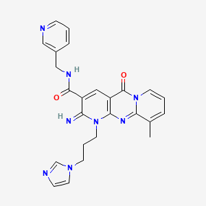 molecular formula C25H24N8O2 B11599385 7-(3-imidazol-1-ylpropyl)-6-imino-11-methyl-2-oxo-N-(pyridin-3-ylmethyl)-1,7,9-triazatricyclo[8.4.0.03,8]tetradeca-3(8),4,9,11,13-pentaene-5-carboxamide 