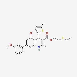 molecular formula C27H31NO4S2 B11599487 2-(Ethylsulfanyl)ethyl 7-(3-methoxyphenyl)-2-methyl-4-(5-methylthiophen-2-yl)-5-oxo-1,4,5,6,7,8-hexahydroquinoline-3-carboxylate 
