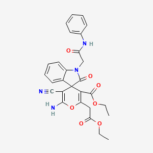 molecular formula C28H26N4O7 B11599504 Ethyl 6'-amino-5'-cyano-2'-(2-ethoxy-2-oxoethyl)-2-oxo-1-[(phenylcarbamoyl)methyl]-1,2-dihydrospiro[indole-3,4'-pyran]-3'-carboxylate 