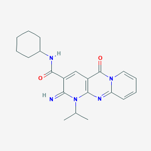 molecular formula C21H25N5O2 B11599858 N-cyclohexyl-6-imino-2-oxo-7-propan-2-yl-1,7,9-triazatricyclo[8.4.0.03,8]tetradeca-3(8),4,9,11,13-pentaene-5-carboxamide 