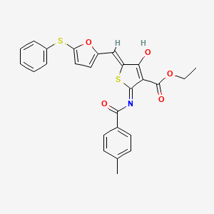 molecular formula C26H21NO5S2 B11600520 ethyl (5Z)-2-{[(4-methylphenyl)carbonyl]amino}-4-oxo-5-{[5-(phenylsulfanyl)furan-2-yl]methylidene}-4,5-dihydrothiophene-3-carboxylate 