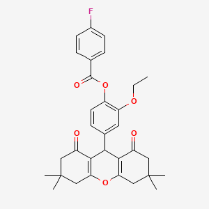 molecular formula C32H33FO6 B11600576 2-ethoxy-4-(3,3,6,6-tetramethyl-1,8-dioxo-2,3,4,5,6,7,8,9-octahydro-1H-xanthen-9-yl)phenyl 4-fluorobenzoate 