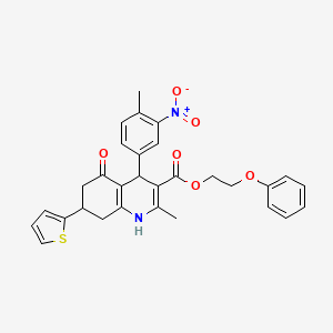 molecular formula C30H28N2O6S B11600631 2-Phenoxyethyl 2-methyl-4-(4-methyl-3-nitrophenyl)-5-oxo-7-(thiophen-2-yl)-1,4,5,6,7,8-hexahydroquinoline-3-carboxylate 