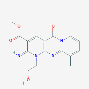molecular formula C17H18N4O4 B11600952 ethyl 7-(2-hydroxyethyl)-6-imino-11-methyl-2-oxo-1,7,9-triazatricyclo[8.4.0.03,8]tetradeca-3(8),4,9,11,13-pentaene-5-carboxylate 