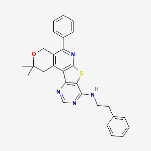 molecular formula C28H26N4OS B11601011 4,4-dimethyl-8-phenyl-N-(2-phenylethyl)-5-oxa-11-thia-9,14,16-triazatetracyclo[8.7.0.02,7.012,17]heptadeca-1(10),2(7),8,12(17),13,15-hexaen-13-amine 
