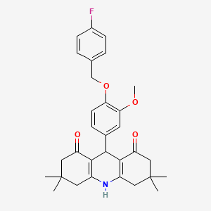 molecular formula C31H34FNO4 B11601263 9-{4-[(4-fluorobenzyl)oxy]-3-methoxyphenyl}-3,3,6,6-tetramethyl-3,4,6,7,9,10-hexahydroacridine-1,8(2H,5H)-dione 