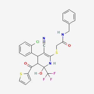 molecular formula C27H21ClF3N3O3S2 B11601542 N-benzyl-2-{[4-(2-chlorophenyl)-3-cyano-6-hydroxy-5-(thiophen-2-ylcarbonyl)-6-(trifluoromethyl)-1,4,5,6-tetrahydropyridin-2-yl]sulfanyl}acetamide 