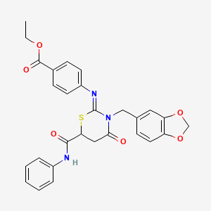 molecular formula C28H25N3O6S B11601671 ethyl 4-{[(2Z)-3-(1,3-benzodioxol-5-ylmethyl)-4-oxo-6-(phenylcarbamoyl)-1,3-thiazinan-2-ylidene]amino}benzoate 