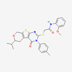 molecular formula C28H29N3O4S2 B11601787 N-(2-methoxyphenyl)-2-[[4-(4-methylphenyl)-3-oxo-12-propan-2-yl-11-oxa-8-thia-4,6-diazatricyclo[7.4.0.02,7]trideca-1(9),2(7),5-trien-5-yl]sulfanyl]acetamide 