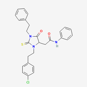 molecular formula C27H26ClN3O2S B11602296 2-{3-[2-(4-chlorophenyl)ethyl]-5-oxo-1-(2-phenylethyl)-2-thioxoimidazolidin-4-yl}-N-phenylacetamide 
