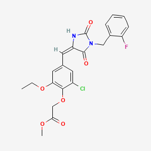 molecular formula C22H20ClFN2O6 B11602315 methyl (2-chloro-6-ethoxy-4-{(E)-[1-(2-fluorobenzyl)-2,5-dioxoimidazolidin-4-ylidene]methyl}phenoxy)acetate 