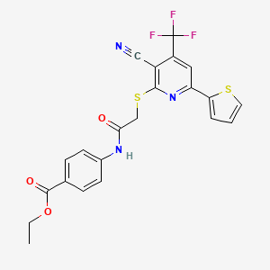 molecular formula C22H16F3N3O3S2 B11602362 Ethyl 4-[({[3-cyano-6-(thiophen-2-yl)-4-(trifluoromethyl)pyridin-2-yl]sulfanyl}acetyl)amino]benzoate 