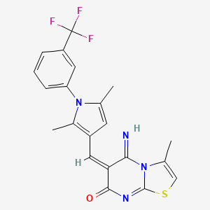 molecular formula C21H17F3N4OS B11602385 (6E)-6-({2,5-dimethyl-1-[3-(trifluoromethyl)phenyl]-1H-pyrrol-3-yl}methylidene)-5-imino-3-methyl-5,6-dihydro-7H-[1,3]thiazolo[3,2-a]pyrimidin-7-one 
