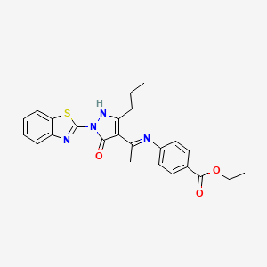 molecular formula C24H24N4O3S B11602966 ethyl 4-({(1E)-1-[1-(1,3-benzothiazol-2-yl)-5-hydroxy-3-propyl-1H-pyrazol-4-yl]ethylidene}amino)benzoate 