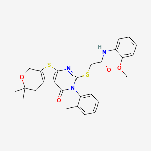 molecular formula C27H27N3O4S2 B11602998 2-[[12,12-dimethyl-4-(2-methylphenyl)-3-oxo-11-oxa-8-thia-4,6-diazatricyclo[7.4.0.02,7]trideca-1(9),2(7),5-trien-5-yl]sulfanyl]-N-(2-methoxyphenyl)acetamide 