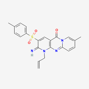 molecular formula C22H20N4O3S B11603182 6-imino-13-methyl-5-(4-methylphenyl)sulfonyl-7-prop-2-enyl-1,7,9-triazatricyclo[8.4.0.03,8]tetradeca-3(8),4,9,11,13-pentaen-2-one 