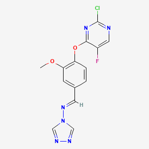 molecular formula C14H10ClFN6O2 B11603225 N-[(E)-{4-[(2-chloro-5-fluoropyrimidin-4-yl)oxy]-3-methoxyphenyl}methylidene]-4H-1,2,4-triazol-4-amine 