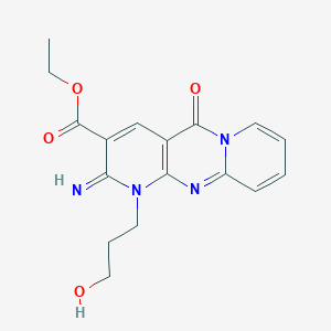 molecular formula C17H18N4O4 B11603231 ethyl 7-(3-hydroxypropyl)-6-imino-2-oxo-1,7,9-triazatricyclo[8.4.0.03,8]tetradeca-3(8),4,9,11,13-pentaene-5-carboxylate 