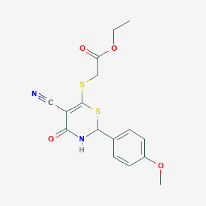 molecular formula C16H16N2O4S2 B11603419 ethyl {[5-cyano-2-(4-methoxyphenyl)-4-oxo-3,4-dihydro-2H-1,3-thiazin-6-yl]sulfanyl}acetate 