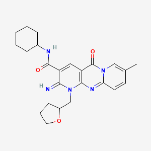 molecular formula C24H29N5O3 B11603461 N-cyclohexyl-6-imino-13-methyl-2-oxo-7-(oxolan-2-ylmethyl)-1,7,9-triazatricyclo[8.4.0.03,8]tetradeca-3(8),4,9,11,13-pentaene-5-carboxamide 