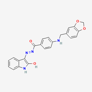 molecular formula C23H18N4O4 B11603476 4-[(1,3-benzodioxol-5-ylmethyl)amino]-N'-[(3E)-2-oxo-1,2-dihydro-3H-indol-3-ylidene]benzohydrazide 