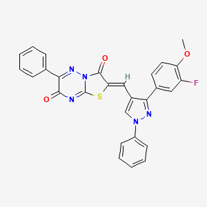 molecular formula C28H18FN5O3S B11603623 (2Z)-2-{[3-(3-fluoro-4-methoxyphenyl)-1-phenyl-1H-pyrazol-4-yl]methylidene}-6-phenyl-7H-[1,3]thiazolo[3,2-b][1,2,4]triazine-3,7(2H)-dione 