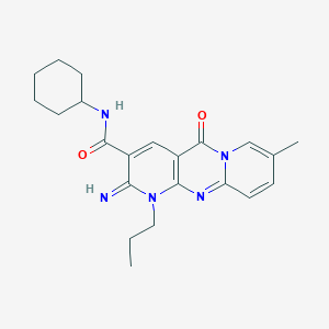 molecular formula C22H27N5O2 B11603637 N-cyclohexyl-6-imino-13-methyl-2-oxo-7-propyl-1,7,9-triazatricyclo[8.4.0.03,8]tetradeca-3(8),4,9,11,13-pentaene-5-carboxamide 
