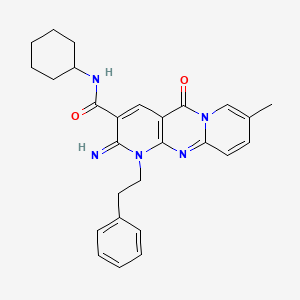 molecular formula C27H29N5O2 B11603887 N-cyclohexyl-6-imino-13-methyl-2-oxo-7-(2-phenylethyl)-1,7,9-triazatricyclo[8.4.0.03,8]tetradeca-3(8),4,9,11,13-pentaene-5-carboxamide 