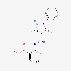 molecular formula C19H17N3O3 B11604624 methyl 2-{[(E)-(3-methyl-5-oxo-1-phenyl-1,5-dihydro-4H-pyrazol-4-ylidene)methyl]amino}benzoate 