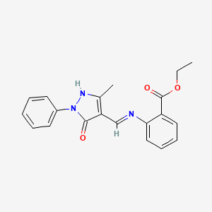 molecular formula C20H19N3O3 B11604690 ethyl 2-{[(Z)-(3-methyl-5-oxo-1-phenyl-1,5-dihydro-4H-pyrazol-4-ylidene)methyl]amino}benzoate 