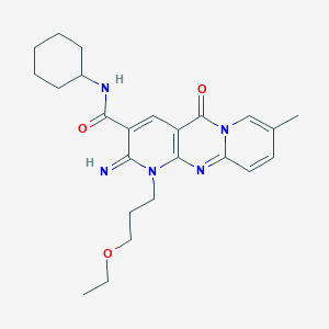 molecular formula C24H31N5O3 B11605102 N-cyclohexyl-7-(3-ethoxypropyl)-6-imino-13-methyl-2-oxo-1,7,9-triazatricyclo[8.4.0.03,8]tetradeca-3(8),4,9,11,13-pentaene-5-carboxamide 