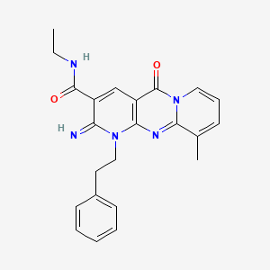 molecular formula C23H23N5O2 B11605543 N-ethyl-6-imino-11-methyl-2-oxo-7-(2-phenylethyl)-1,7,9-triazatricyclo[8.4.0.03,8]tetradeca-3(8),4,9,11,13-pentaene-5-carboxamide 