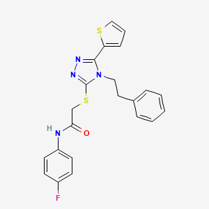molecular formula C22H19FN4OS2 B11605719 N-(4-fluorophenyl)-2-{[4-(2-phenylethyl)-5-(thiophen-2-yl)-4H-1,2,4-triazol-3-yl]sulfanyl}acetamide 