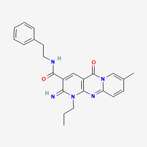 molecular formula C24H25N5O2 B11605779 6-imino-13-methyl-2-oxo-N-(2-phenylethyl)-7-propyl-1,7,9-triazatricyclo[8.4.0.03,8]tetradeca-3(8),4,9,11,13-pentaene-5-carboxamide 