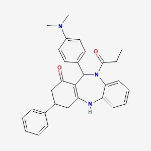 molecular formula C30H31N3O2 B11605927 1-{11-[4-(dimethylamino)phenyl]-1-hydroxy-3-phenyl-2,3,4,11-tetrahydro-10H-dibenzo[b,e][1,4]diazepin-10-yl}propan-1-one 
