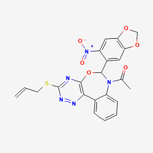 molecular formula C22H17N5O6S B11607746 1-[6-(6-nitro-1,3-benzodioxol-5-yl)-3-(prop-2-en-1-ylsulfanyl)[1,2,4]triazino[5,6-d][3,1]benzoxazepin-7(6H)-yl]ethanone 