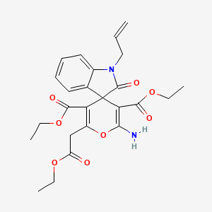 molecular formula C25H28N2O8 B11608132 Diethyl 2'-amino-6'-(2-ethoxy-2-oxoethyl)-2-oxo-1-(prop-2-en-1-yl)-1,2-dihydrospiro[indole-3,4'-pyran]-3',5'-dicarboxylate 