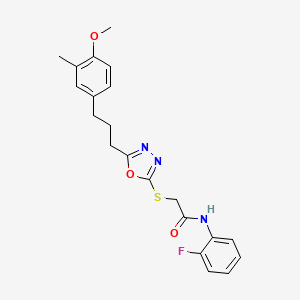 molecular formula C21H22FN3O3S B11609112 N-(2-fluorophenyl)-2-({5-[3-(4-methoxy-3-methylphenyl)propyl]-1,3,4-oxadiazol-2-yl}sulfanyl)acetamide 