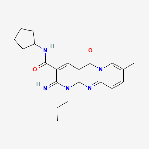 molecular formula C21H25N5O2 B11609127 N-cyclopentyl-6-imino-13-methyl-2-oxo-7-propyl-1,7,9-triazatricyclo[8.4.0.03,8]tetradeca-3(8),4,9,11,13-pentaene-5-carboxamide 