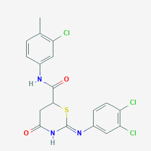 molecular formula C18H14Cl3N3O2S B11610714 N-(3-chloro-4-methylphenyl)-2-[(3,4-dichlorophenyl)amino]-4-oxo-5,6-dihydro-4H-1,3-thiazine-6-carboxamide 