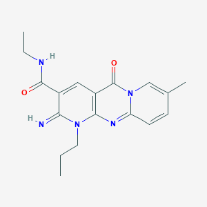molecular formula C18H21N5O2 B11610784 N-ethyl-6-imino-13-methyl-2-oxo-7-propyl-1,7,9-triazatricyclo[8.4.0.0^{3,8}]tetradeca-3(8),4,9,11,13-pentaene-5-carboxamide 
