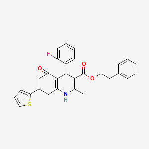 molecular formula C29H26FNO3S B11610814 2-Phenylethyl 4-(2-fluorophenyl)-2-methyl-5-oxo-7-(thiophen-2-yl)-1,4,5,6,7,8-hexahydroquinoline-3-carboxylate 